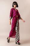 Nupur Kanoi_Multi Color Crepe V-neck Stripe Print Top And Draped Skirt Set _Online_at_Aza_Fashions