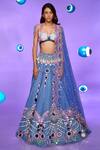 Buy_Papa Don't Preach_Blue Tulle Embellished Glass Stone Scoop Mirror Bridal Lehenga Set _at_Aza_Fashions