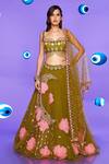 Buy_Papa Don't Preach_Green Tulle Embellished Glass Night Babe 3d Flower Bridal Lehenga Set _at_Aza_Fashions