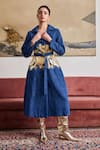 Pozruh by Aiman_Blue Denim Print Metallic Foil Lapel Collar Blaze Trench Jacket  _Online_at_Aza_Fashions