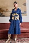 Buy_Pozruh by Aiman_Blue Denim Print Metallic Foil Lapel Collar Blaze Trench Jacket  _Online_at_Aza_Fashions