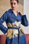 Shop_Pozruh by Aiman_Blue Denim Print Metallic Foil Lapel Collar Blaze Trench Jacket  _Online_at_Aza_Fashions