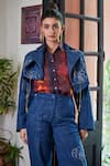 Shop_Pozruh by Aiman_Blue Denim Embroidery Floral Lapel Collar Phoenix Jacket  _Online_at_Aza_Fashions