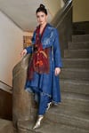 Shop_Pozruh by Aiman_Blue Denim Embroidery Floral Lapel Collar Phoenix Asymmetric Dress With Jacket _Online_at_Aza_Fashions