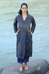 Buy_RAAS LIFE_Blue Cotton Embroidery Leela Ben Zari Trench Coat _at_Aza_Fashions