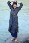 Shop_RAAS LIFE_Blue Cotton Embroidery Leela Ben Zari Trench Coat _Online_at_Aza_Fashions