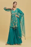 Buy_Samyukta Singhania_Green Kurta And Sharara Muslin Embroidered Bead V Floral Pattern Peplum Set _at_Aza_Fashions