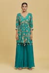 Samyukta Singhania_Green Kurta And Sharara Muslin Embroidered Bead V Floral Pattern Peplum Set _Online_at_Aza_Fashions