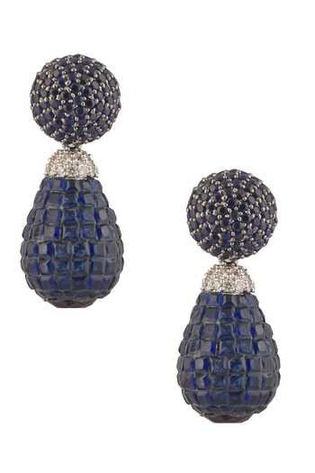 Shop_Vivinia By Vidhi Mehra_Blue Zari Zircon Studded Dangler Drop Earrings _at_Aza_Fashions