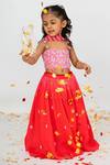 Shop_Ease_Red Top And Lehenga Satin Organza Embroidery Cutdana Leaf Butti Set _at_Aza_Fashions