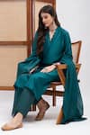 Roohbyridhimaa_Green Organza, Silk, Cotton Embroidery V-neck Resham Placement Kurta Set _at_Aza_Fashions