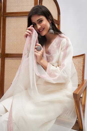 Shop_Roohbyridhimaa_Off White Silk Organza, Chanderi, Cotton Embroidery V-neck Kurta Set _Online_at_Aza_Fashions