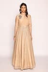 Buy_ABSTRACT BY MEGHA JAIN MADAAN_Beige Tissue Embroidery Rexin Round Neck Front Drape Embellished Panelled Dress _at_Aza_Fashions