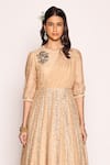 Buy_ABSTRACT BY MEGHA JAIN MADAAN_Beige Tissue Embroidery Rexin Round Neck Front Drape Embellished Panelled Dress _Online_at_Aza_Fashions