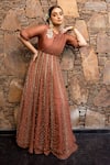 Buy_ABSTRACT BY MEGHA JAIN MADAAN_Brown Tissue Embroidery Rexin Round 3d Fleur Embellished Panelled Maxi Dress _at_Aza_Fashions