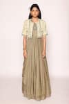 Buy_ABSTRACT BY MEGHA JAIN MADAAN_Green Silk With Zari Blend Embroidery Persian Fleur Jacket Front Drape Maxi 