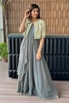 Buy_ABSTRACT BY MEGHA JAIN MADAAN_Grey Silk With Zari Blend Embroidery French Fleur Jacket Front Drape Maxi _at_Aza_Fashions