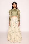 Shop_ABSTRACT BY MEGHA JAIN MADAAN_Green Silk With Zari Blend Leg Of Mutton Sleeves Crop Top Boho Fleur Skirt _Online_at_Aza_Fashions