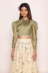 ABSTRACT BY MEGHA JAIN MADAAN_Green Silk With Zari Blend Leg Of Mutton Sleeves Crop Top Boho Fleur Skirt _at_Aza_Fashions