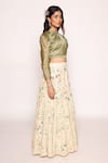 Shop_ABSTRACT BY MEGHA JAIN MADAAN_Green Silk With Zari Blend Leg Of Mutton Sleeves Crop Top Boho Fleur Skirt _at_Aza_Fashions