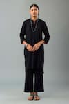 Shop_KORA_Black Kurta And Pant Handloom Cotton Embroidery Tassel Mandarin Collar Set _at_Aza_Fashions