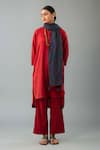 KORA_Red Kurta And Pant Handloom Cotton Embroidery Tassel Mandarin Set With Scarf _at_Aza_Fashions