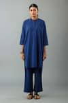 KORA_Blue Kurta And Pant Handloom Cotton Embroidery Bead Set With Silk Scarf  _Online_at_Aza_Fashions