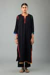 KORA_Black Kurta And Pant Handloom Cotton Embroidery Thread Notched Set _Online_at_Aza_Fashions