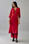 Buy_KORA_Red Kurta And Pant Handloom Cotton Embroidery Thread Set With Applique Work Stole _Online_at_Aza_Fashions