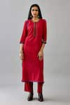 KORA_Red Kurta And Pant Handloom Cotton Embroidery Thread Round Border Set _Online_at_Aza_Fashions