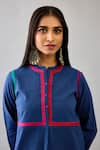 KORA_Blue Handloom Cotton Embroidery Thread Round Border Kurta And Pant Set  _at_Aza_Fashions