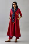 Buy_KORA_Red Kurta And Pant Handloom Cotton Embroidery Thread V Border Set With Scarf _at_Aza_Fashions