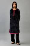 Buy_Kora_Black Kurta And Pant Silk Velvet Embroidery Thread Round Set With Stole  _Online_at_Aza_Fashions