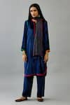 Buy_KORA_Blue Kurta And Pant Silk Velvet Embroidery Thread Notched Border Set  _at_Aza_Fashions