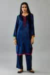 KORA_Blue Kurta And Pant Silk Velvet Embroidery Thread Notched Border Set  _Online_at_Aza_Fashions