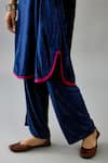 Shop_KORA_Blue Kurta And Pant Silk Velvet Embroidery Thread Notched Border Set  _Online_at_Aza_Fashions