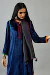 Buy_KORA_Blue Kurta And Pant Silk Velvet Embroidery Thread Notched Border Set  