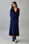 Kora_Blue Silk Velvet Embroidery Floral Applique V Neck Neckline Kurta Set _Online_at_Aza_Fashions