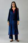 Kora_Blue Kurta And Pant Silk Velvet Embroidery Thread Notched Set  _Online_at_Aza_Fashions