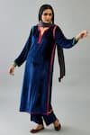 Shop_Kora_Blue Kurta And Pant Silk Velvet Embroidery Thread Notched Set  _Online_at_Aza_Fashions