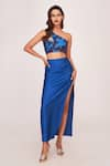 Buy_House of Varada_Blue Satin Patterned Floral One-shoulder Top And Skirt Set  _at_Aza_Fashions