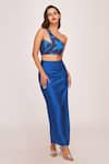 House of Varada_Blue Satin Patterned Floral One-shoulder Top And Skirt Set  _Online_at_Aza_Fashions