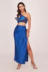 Buy_House of Varada_Blue Satin Patterned Floral One-shoulder Top And Skirt Set  _Online_at_Aza_Fashions