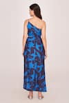 Shop_House of Varada_Blue Satin Patterned Floral One-shoulder Top And Skirt Set  _at_Aza_Fashions