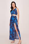 House of Varada_Blue Satin Patterned Floral One-shoulder Top And Skirt Set  _Online_at_Aza_Fashions