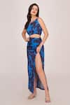 Buy_House of Varada_Blue Satin Patterned Floral One-shoulder Top And Skirt Set  _Online_at_Aza_Fashions