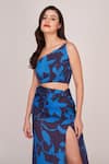 Shop_House of Varada_Blue Satin Patterned Floral One-shoulder Top And Skirt Set  _Online_at_Aza_Fashions