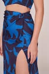 House of Varada_Blue Satin Patterned Floral One-shoulder Top And Skirt Set  _at_Aza_Fashions