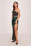 House of Varada_Green Satin Off Shoulder V Shimmer Tube Top And Skirt Set _Online_at_Aza_Fashions