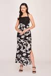 Buy_House of Varada_Black Crepe Print Musk Rose Halter Neck Dress  _at_Aza_Fashions